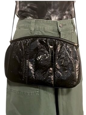 Palizzio Vintage 80s Black Leather Snake-print Convertible Crossbody Clutch Bag